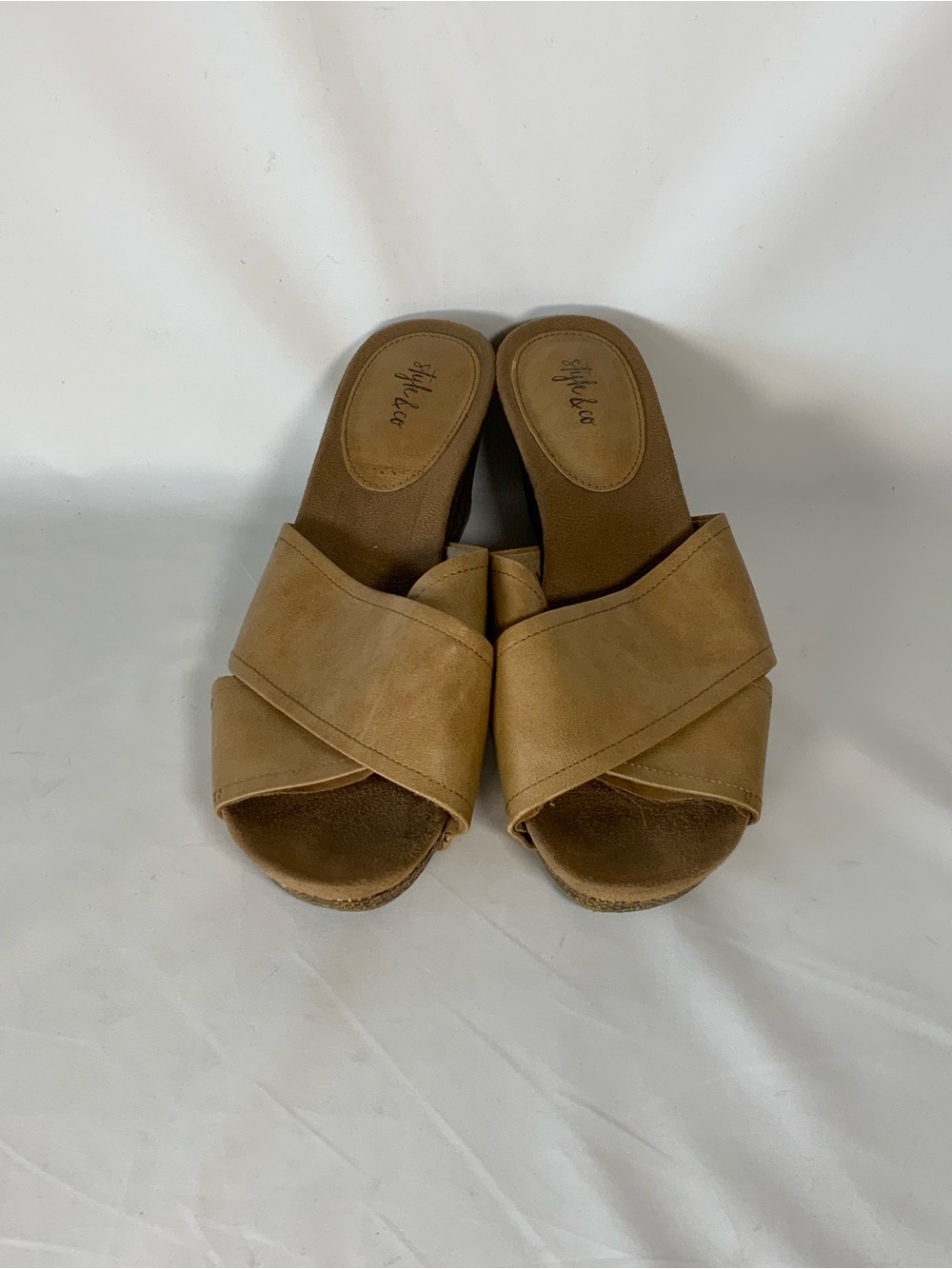 Style & Co. Tan Crisscross Wedge Slide Mules
